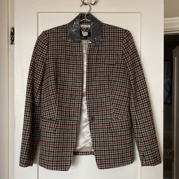 J. Crew Jackets & Blazers - J Crew Regent Houndstooth Wool Blazer Crystal Collar Sz 4 Brown Single Button